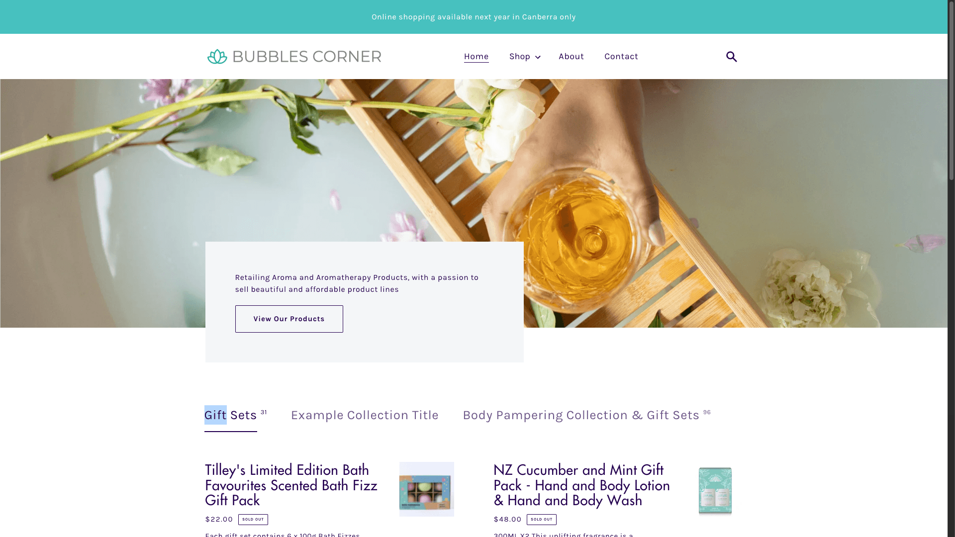 Screenshot of Bubbles Corner homepage with an arm holding a glass and flowers in a water bath.