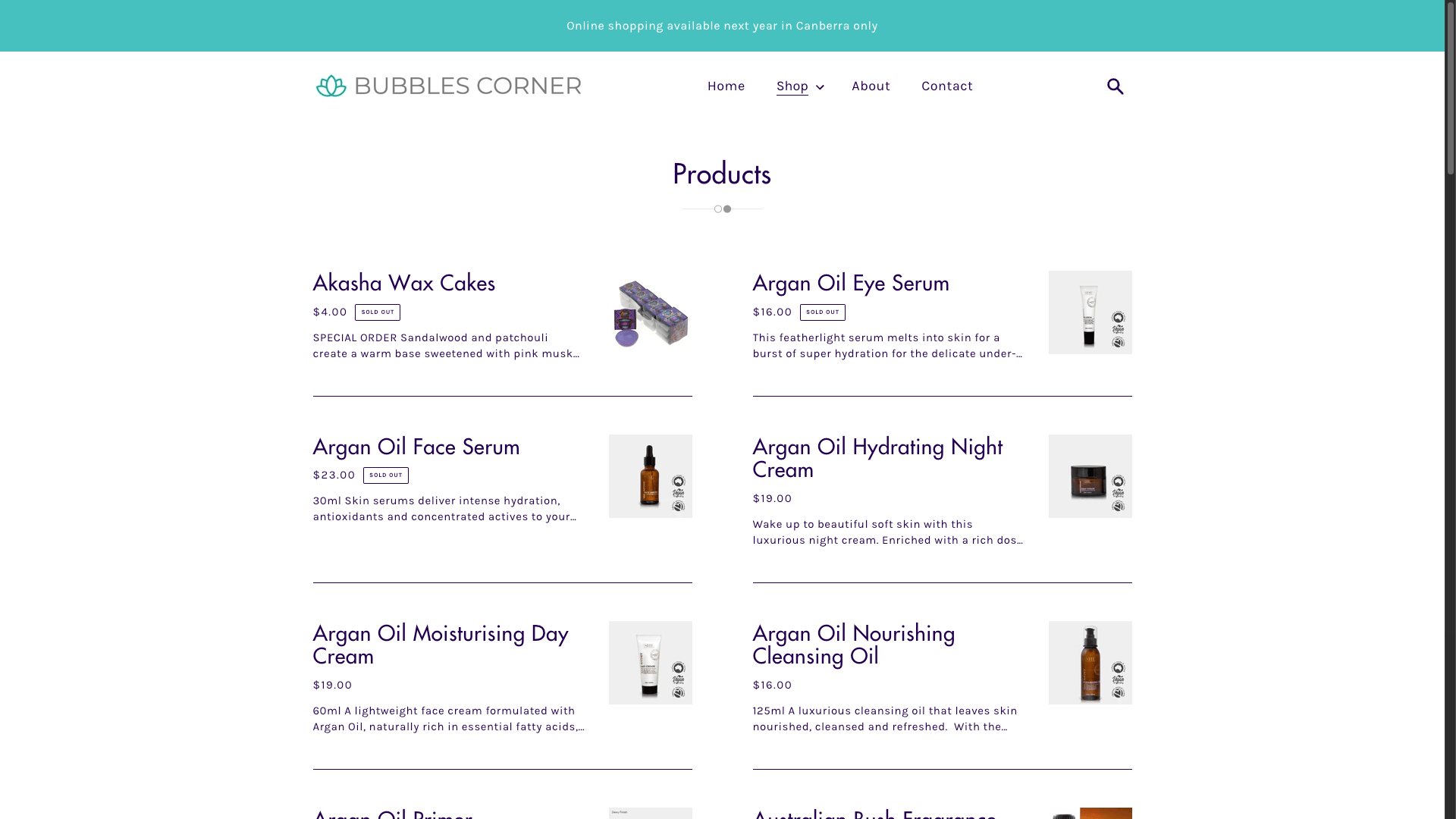 Alt text: Online shop page of Bubbles Corner showing skincare products with images and prices.