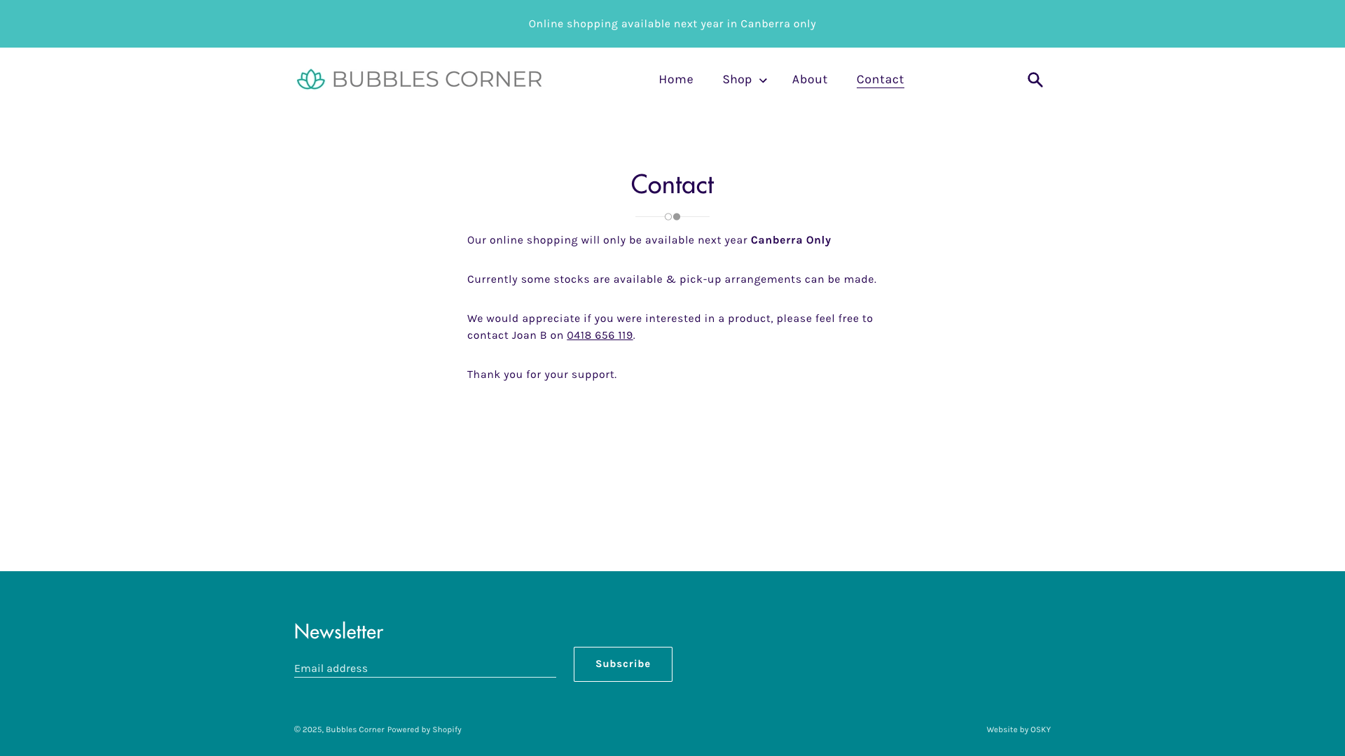 Website contact page for Bubbles Corner with shopping limited to Canberra next year.
