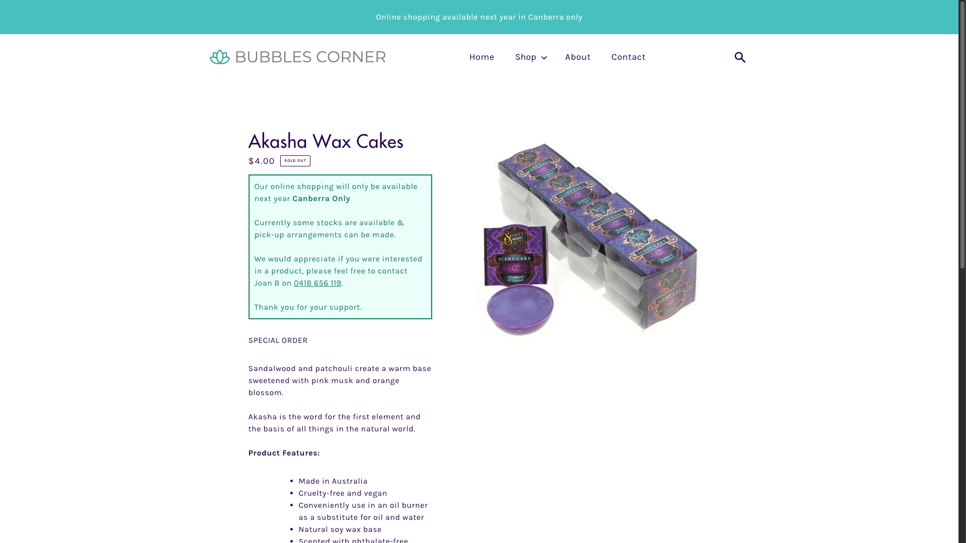 Purple Akasha wax cakes stacked in a box with product details and shipping notice on a webpage.