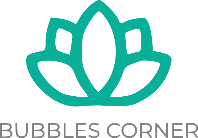 Logo featuring a stylized teal lotus flower above the text "Bubbles Corner."