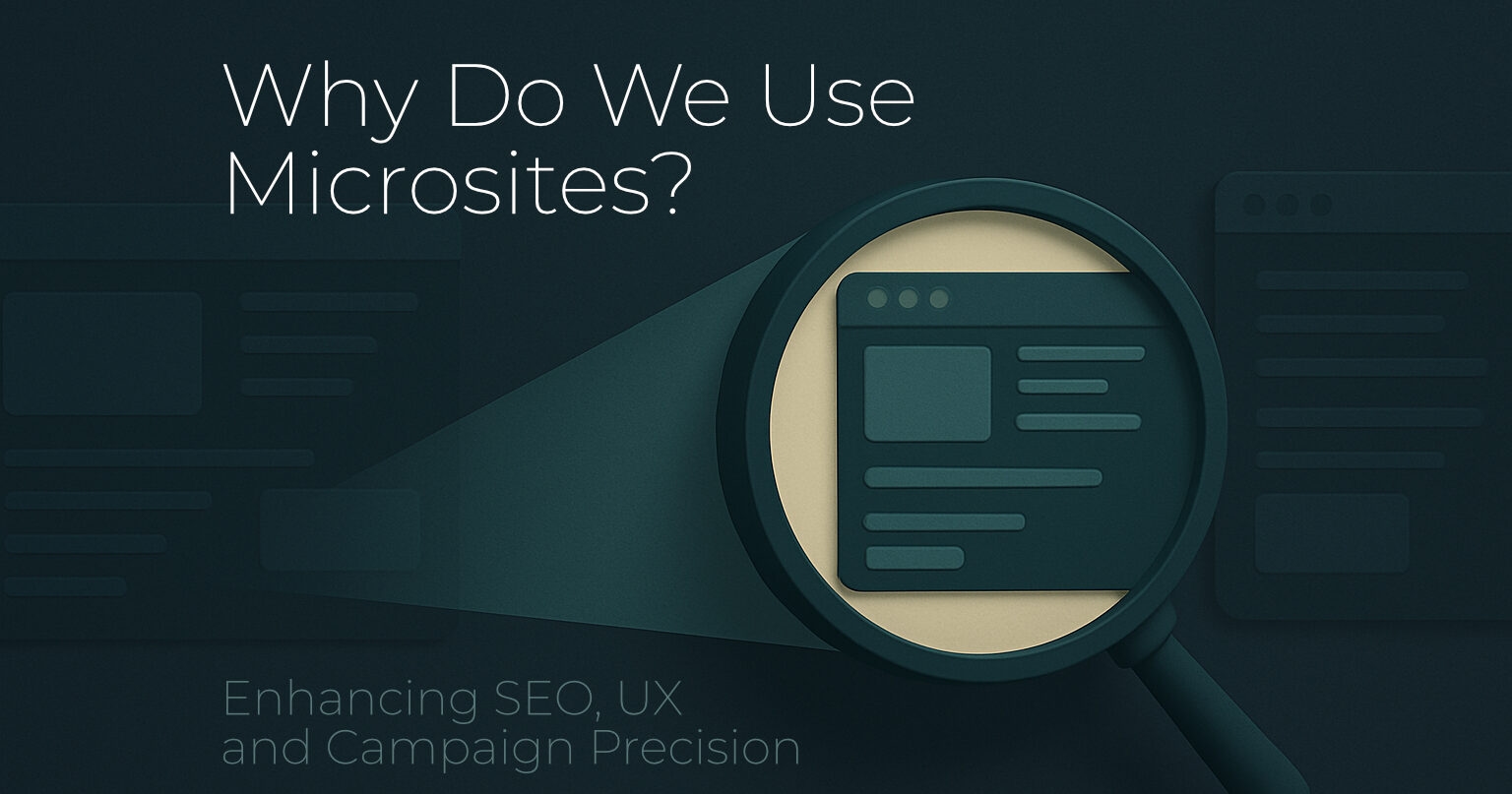 Illustration of a magnified section of a webpage symbolising a microsite, with the title ‘Why Do We Use Microsites?’ and subtitle ‘Enhancing SEO, UX, and Campaign Precision’ on a dark blue background