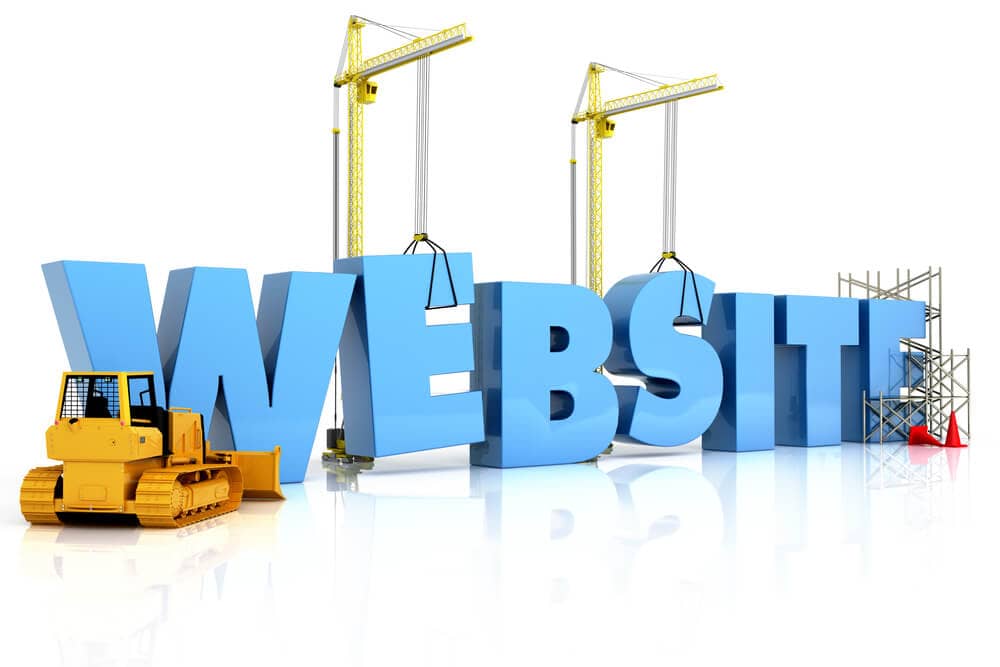 Construction cranes and machinery assembling large 3D blue letters spelling "WEBSITE" on a white background.