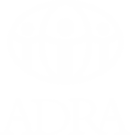 White ADRA logo with a globe and human figures icon on a black background.