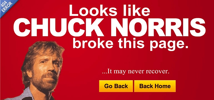 404 error page with text "Looks like Chuck Norris broke this page," featuring Chuck Norris's face and navigation buttons.