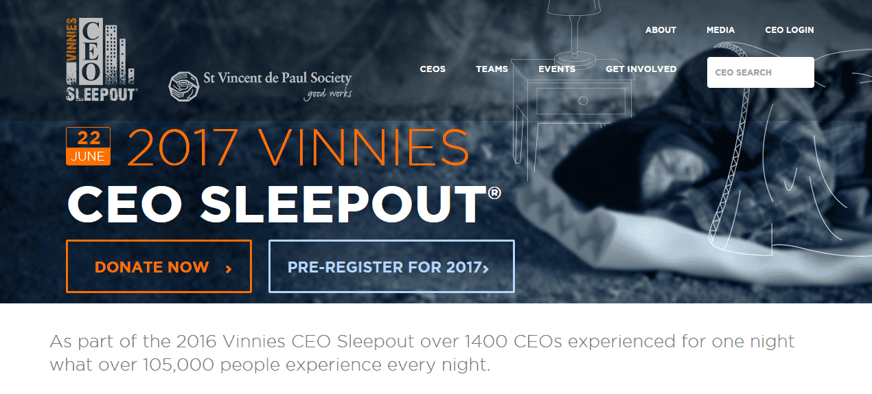 2017 Vinnies CEO Sleepout event banner showing a person sleeping outdoors to raise awareness of homelessness.