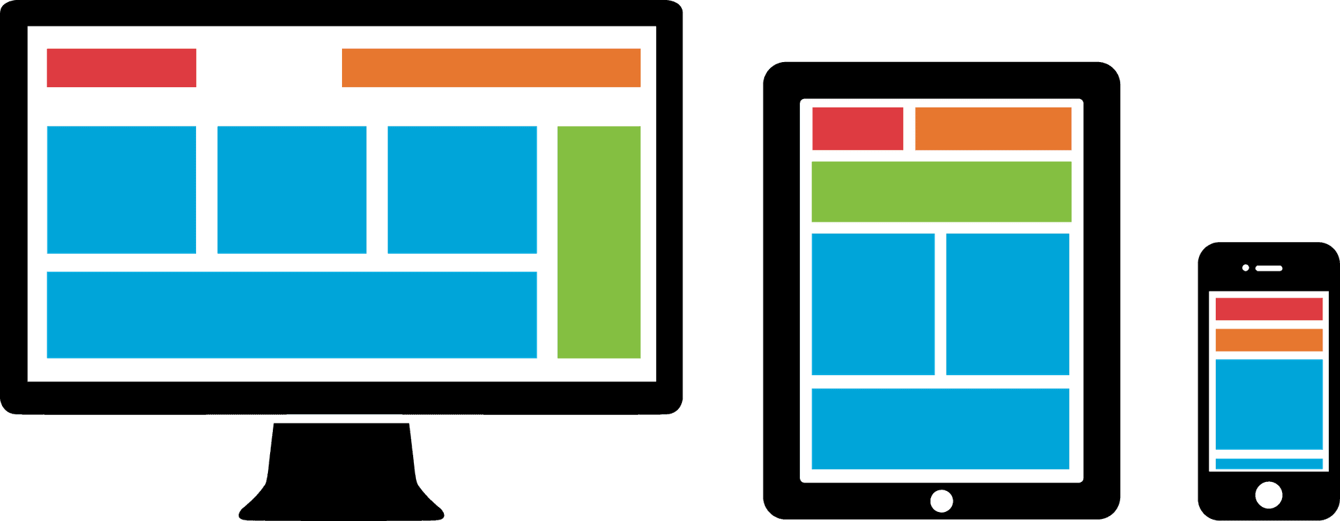 Responsive website design diagram with desktop, tablet, and smartphone layouts, color-coded content blocks. Ideal for mobi...