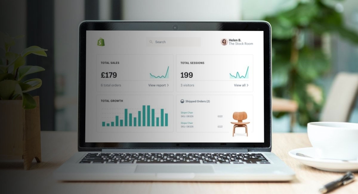 OSKY and Shopify partnership: Sales dashboard with total sales, growth chart, and shipped orders - best ecommerce platform...