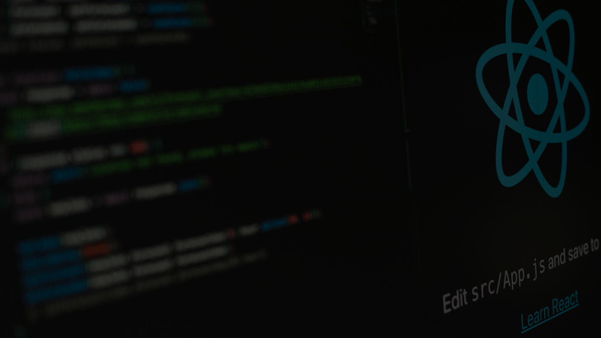React Native mobile app development with JavaScript code and React logo, preferred by OSKY for its power.