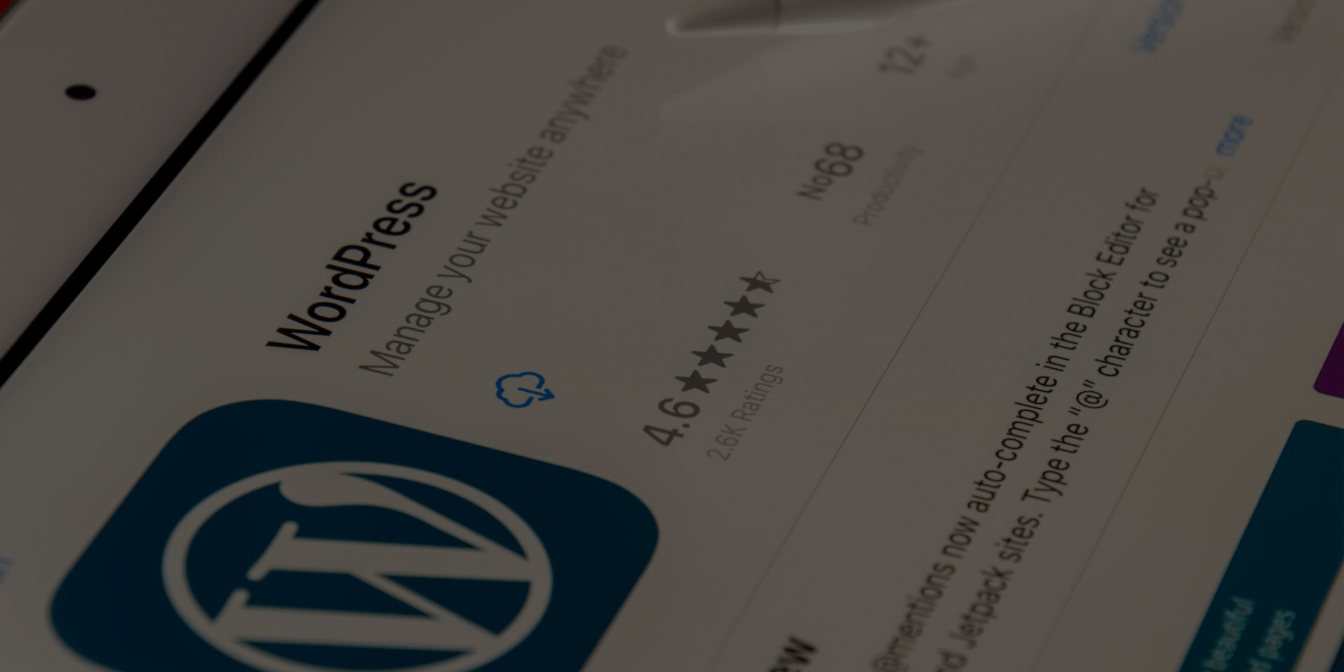Close-up of a tablet screen displaying the WordPress app page with a 4.6-star rating and app details.