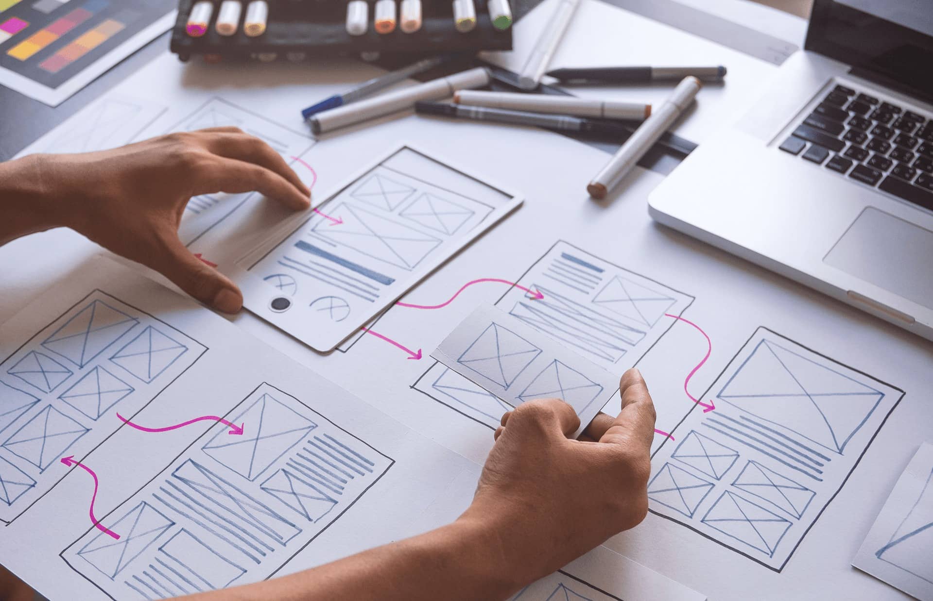 Hands working on paper wireframes and user flow diagrams for a mobile app design, surrounded by markers and a laptop.
